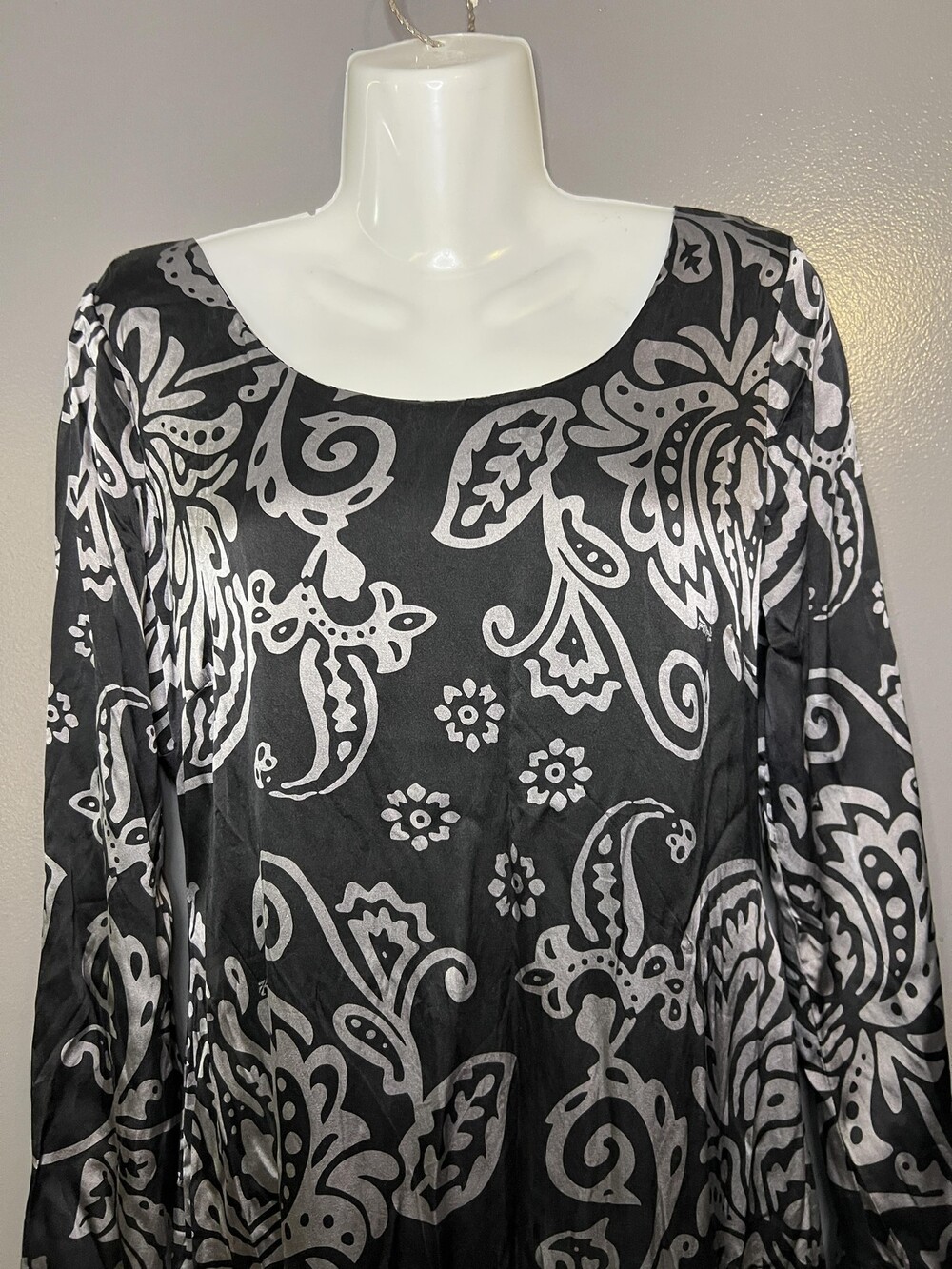 Hale Bob Dress Womens Small Black Paisley Shift Studded Long Sleeve Boho